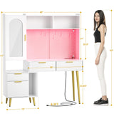 armocity 48'' Makeup Vanity with Hutch, White Bedroom Vanity with Charging Station and LED, Tall Vanity Table with Pegboard, Mirror, 5 Big Drawers & Shelves, Cabinet, Bedroom Dressing Tables, White armocity