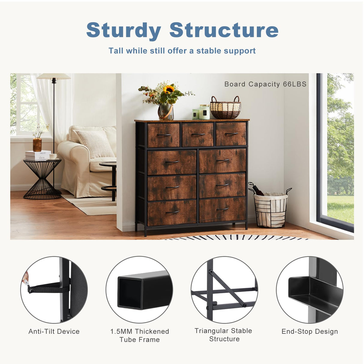 DUMOS Dresser for Bedroom, Storage Organizer with 9 Drawers, Chest of Drawers with Fabric Bins, Sturdy Metal Frame, Wood Tabletop for Guest Room, Closet, Entryway, Nursery DUMOS