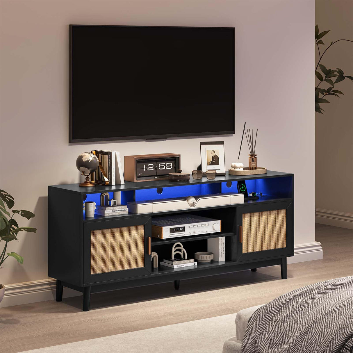 UPOSOJA TV Stand for 75 Inch TV Rattan TV Cabinet with Adjustable Shelf Storage, Modern LED Entertainment Center, Boho Media TV Console, Media TV Stands for Living Room Bedroom (Black) UPOSOJA