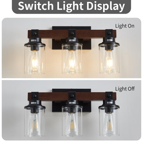 Aixialin Farmhouse Wood Vanity Light for Bathroom, 3-Light Wood Bathroom Vanity Light Fixtures Over Mirror, Rustic Sconces Wall Lighting with Metal Lampshade for Bathroom, Bedroom, Hallway Aixialin