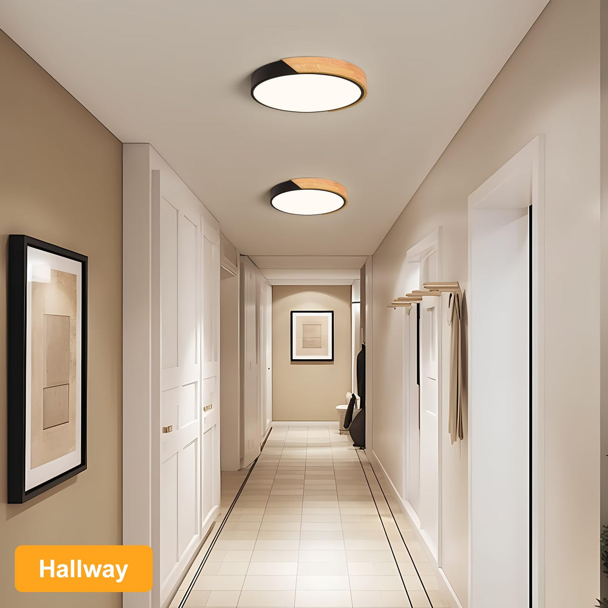 Vikaey Modern LED Ceiling Light, Minimalist Wood Flush Mount Ceiling Light Fixture, 4000K Not Dimmable, Circle Lighting Lamp with Acrylic Lampshade for Bedroom Laundry Room Hallway (Black,11.8") Vikaey