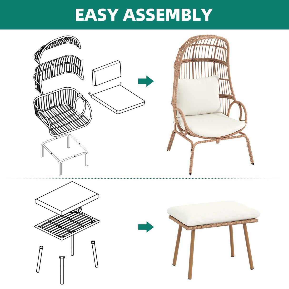 YITAHOME Outdoor Wicker Egg Chair with Ottoman, Indoor Patio Basket Lounge Chair with Footrest, All-Weather Rattan Egg-Shaped Chair with 5 Cushions, Beige YITAHOME