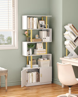 Yusong Geometric Bookcase with Cabinet, S Shaped Bookshelf 5-Tier Book Shelves for Bedroom, Modern Wood Decorative Display Shelf Tall Book Case for Home Office, Gold and White Yusong