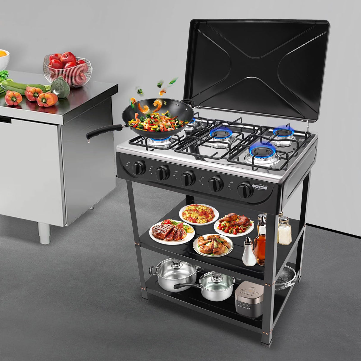 Propane Gas Stove 5 Burner/4 Burner, Portable Natural Gas Stove Outdoor Camping BBQ Stove Gas Cooker with 2 Tier Storage Rack, for RV, Apartment, Outdoor Cooking (Black, 5-Burner) BUKGOCUMN