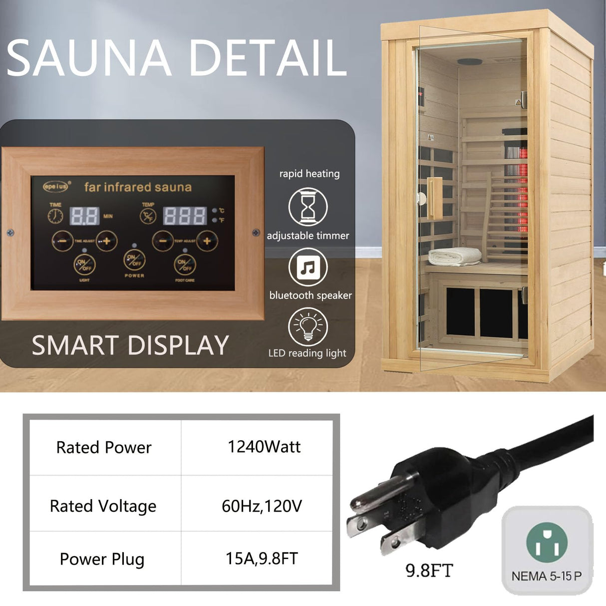 KUNSANA Ceramic Infrared Sauna, 1 Person Infrared Sauna, Hemlock Wood Home Sauna Spa, Far Infrared Sauna Indoor, Low EMF Infrared Saunas for Home with Smart Display, Bluetooth Speaker,1,240 watt KUNSANA