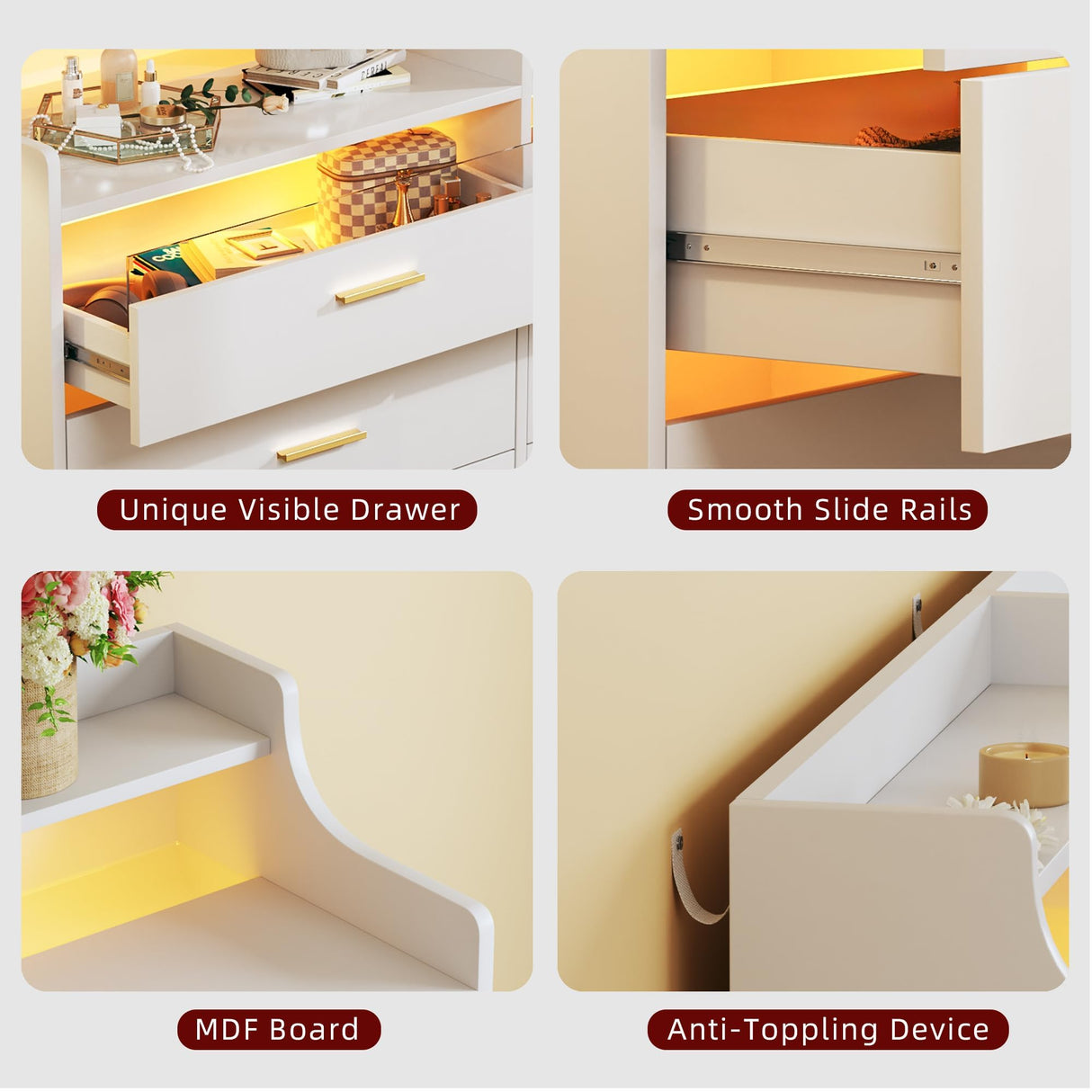 HUAHUU 6 Drawer Dresser for Bedroom, 49''W White Dresser with LED Light, Chest of Drawers with Open Shelf Storage, Double Wide Modern Dresser Organizer for Room, Entryway, Hallway HUAHUU