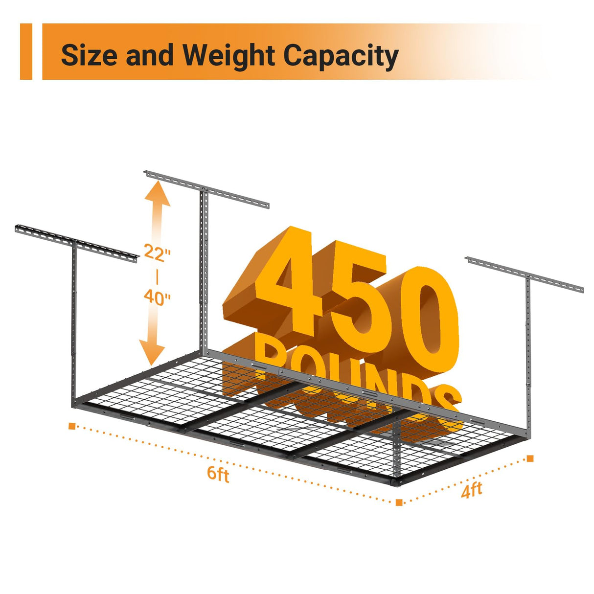 eShelf 4x6ft Overhead Garage Storage Rack, Heavy duty metal garage ceiling storage rack, 22''-40" Adjustable Ceiling Dropdown, 450lbs Loading Weight Capacity, Black eShelf