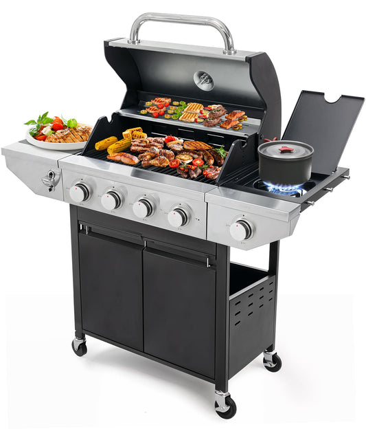 YIORTWO 4 Burner Propane Gas Grill with Side Burner, Stainless Steel BBQ Grill 48,500 BTU for Outdoor Cooking Kitchen, Garden and Patio Backyard Barbecue, Black and Silver