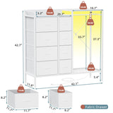 HIGDBFE 8-Drawer Dresser with Hanging Rack, Fabric Dresser with Charging Station & LED Lights, 42" W Dressers with Wooden Top for Clothes Storage, Fabric Chest of Drawers for Bedroom, White HIGDBFE