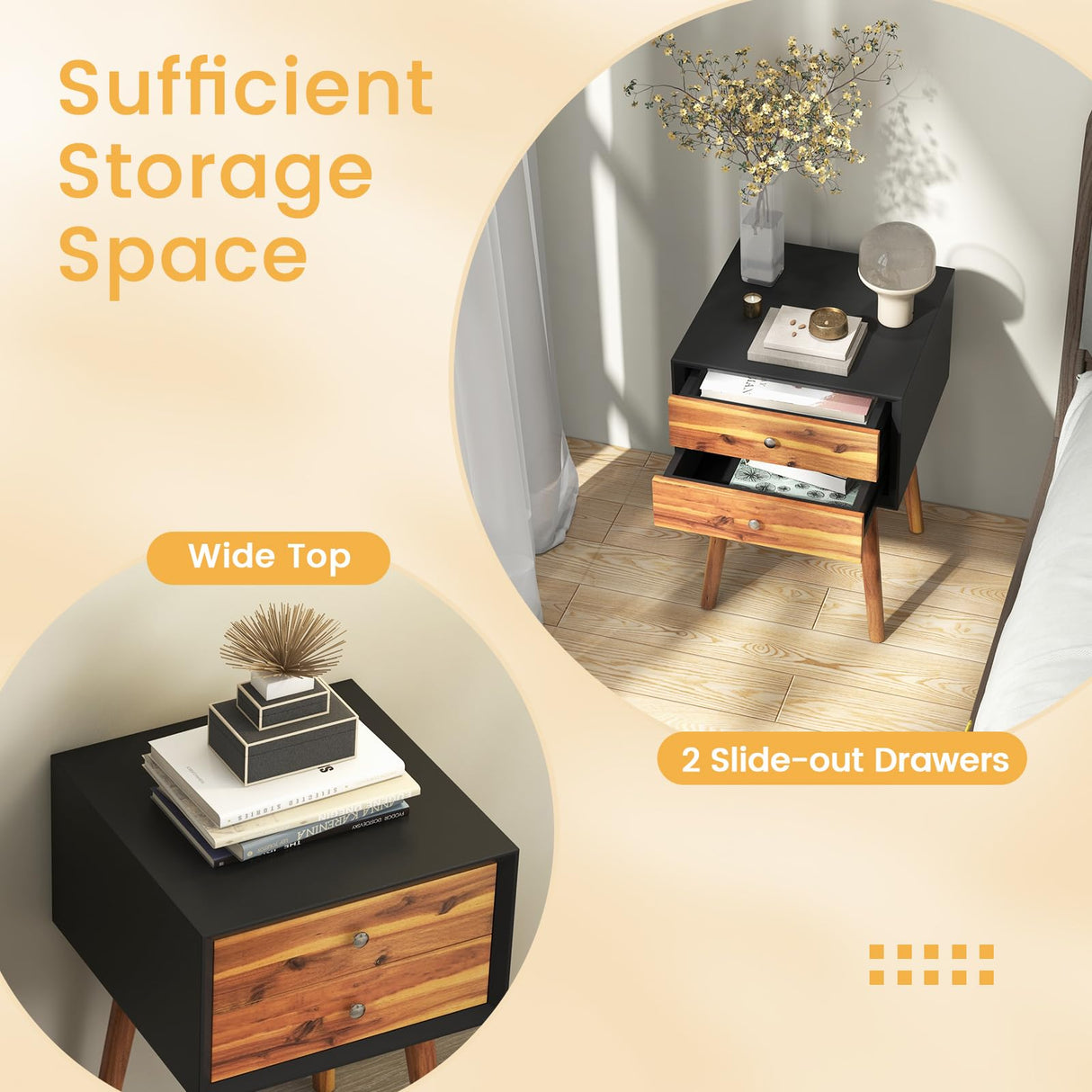 Giantex Nightstand with 2 Drawers, Mid Century Modern Bedside Table with Solid Wood Legs, Practical End Side Table for Living Room Bedroom Small Space, Night Stand, Black & Walnut Giantex