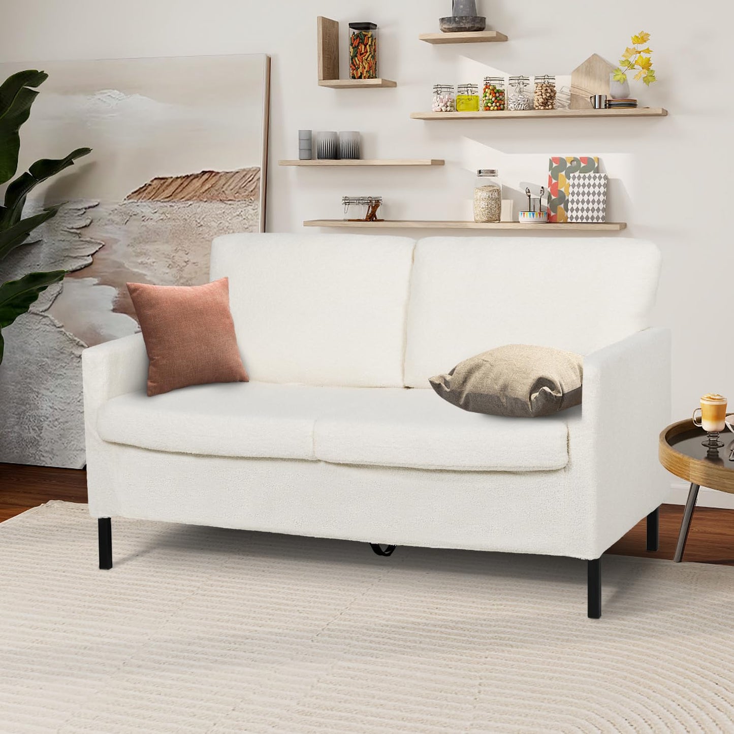 TYBOATLE Sofa Couch, Modern Small Loveseat for Living Room, 51" W Mini Little Upholstered 2-Seater Love Seats w/Iron Legs for Compact Small Space, Apartment, Bedroom, Dorm, Office (White Bouclé)