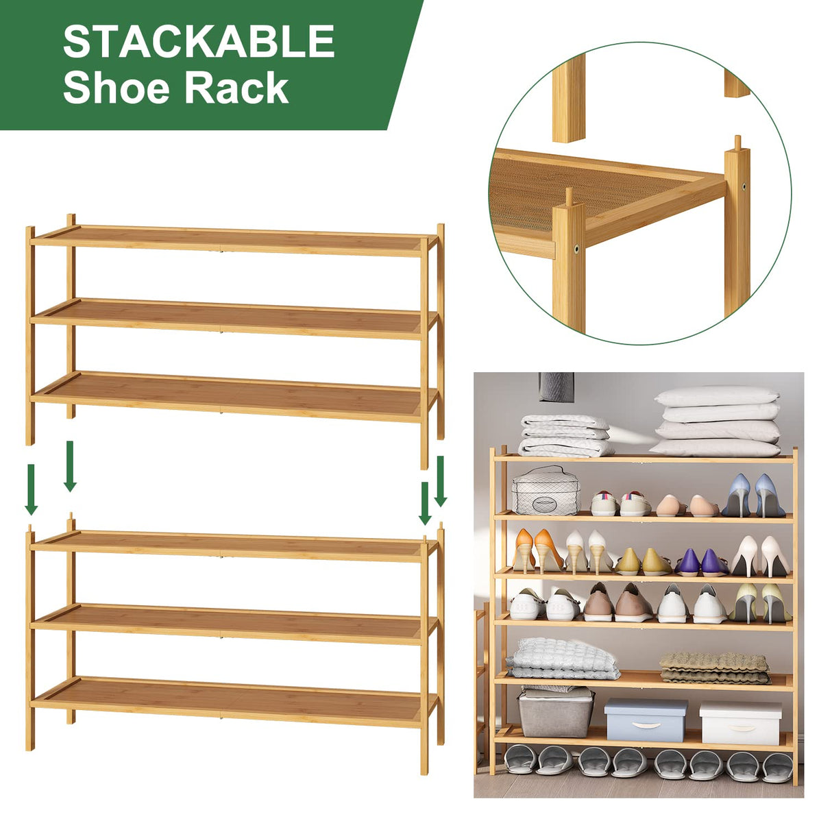 kiplant Long Shoe Rack, Bamboo Wood 3-Tier Shoe Rack for Entryway, Stackable | Foldable | Natural, Shoe Organizer for Hallway Closet, Free Standing Shoe Racks for Indoor Outdoor kiplant