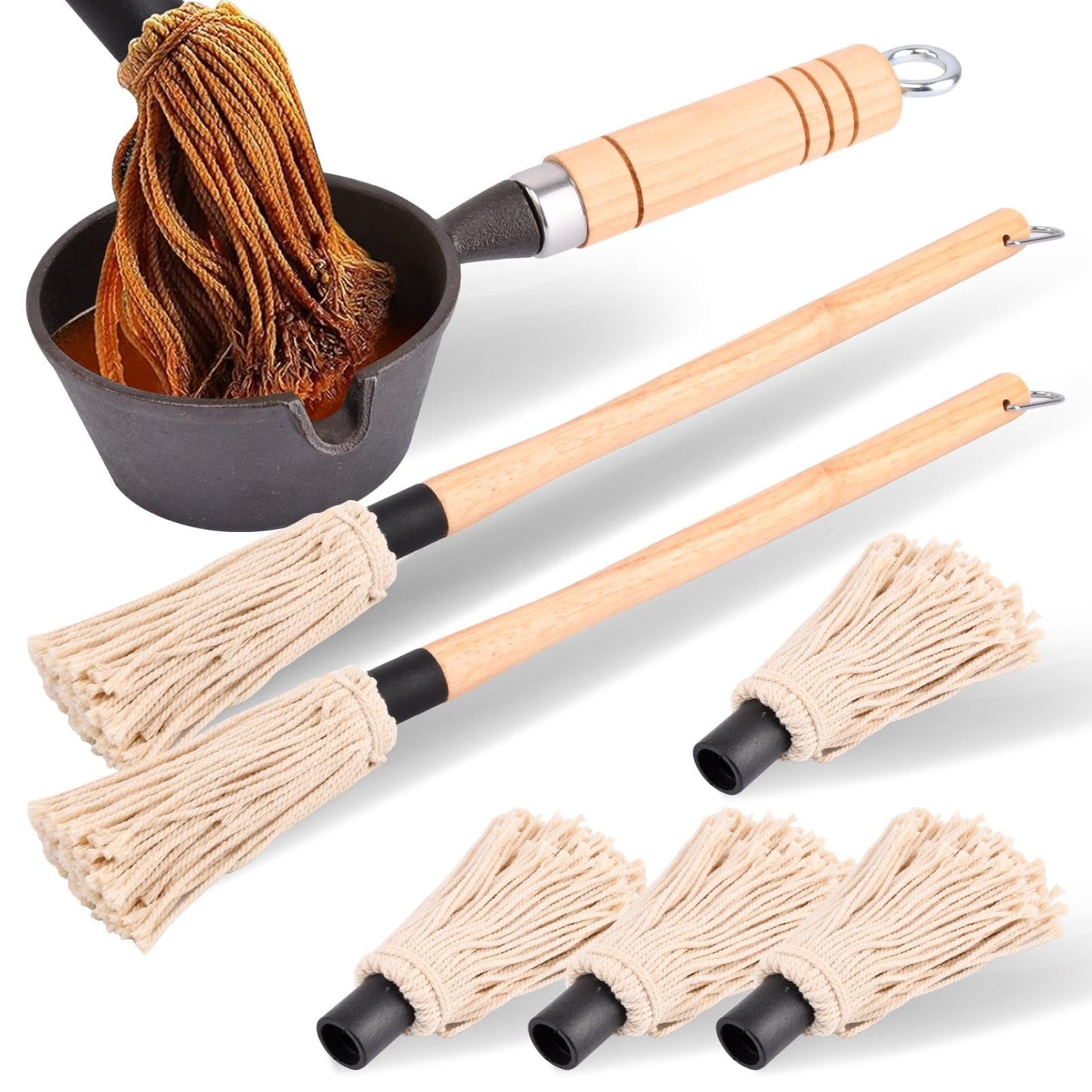 Cast Iron Sauce Pot and BBQ Mop Brush, BBQ Mop Brush 4PC Replacement Head BBQ Basting Set with Saucepan and Long Handle Brush for Grilling(brown,beige,black)