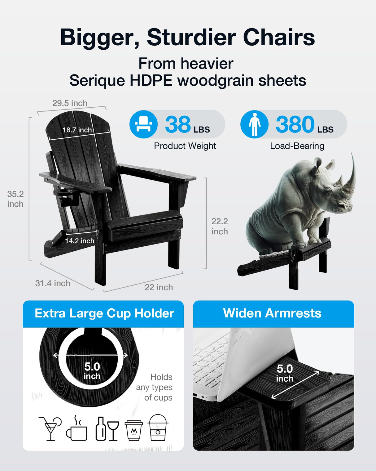 Serique Folding Adirondack Chair Wood Texture, Patio Chair Weather Resistant, Outdoor Chair, Lawn Chair with Cup Holder, Fire Pit Chair for Deck, Outdoor, Porch, Backyard, Garden (Black) Serique