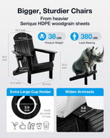 Serique Folding Adirondack Chair Wood Texture, Patio Chair Weather Resistant, Outdoor Chair, Lawn Chair with Cup Holder, Fire Pit Chair for Deck, Outdoor, Porch, Backyard, Garden (Black) Serique