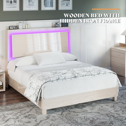 AMERLIFE High Gloss Queen Platform Bed Frame with Smart RGBW LED Lights and Ergonomic Floating Headboard - WoodArtSupply