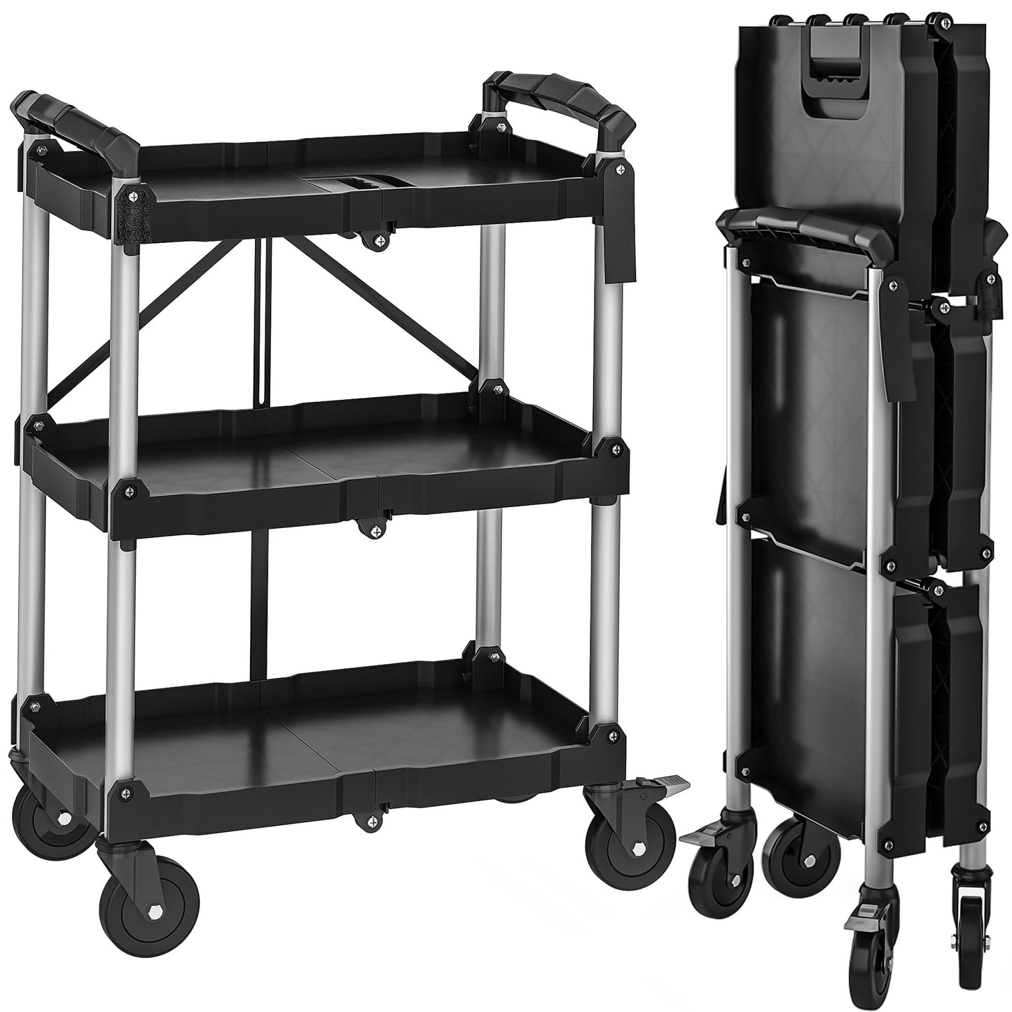 YITAHOME Folding Utility Service Cart, 350LBS 3 Tier Foldable Cart with Wheels Collapsible Cart on Wheels with 360°Swivel Wheels (2 with Brakes), Portable Cart for Home Garage Restaurant Office