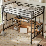 LINKHOO Twin Size Loft Bed with Table & Shelves, Heavy-Duty Metal Bed Frame with 2 Side Ladders, Safety Guardrail for Guest Room, Bedroom, No Box Spring Needed, Black LINKHOO