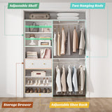 [10 FT Closet System] Reversible Set of 2 Wood Closet Organizer System with 2 Drawers, 4 Hanging Rods Adjustable Shelf, Walk In Closet Organizers with Shoe Rack, Garment Rack Clothes Rack, White Besiost