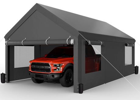 JAMFLY Carport, 12x20 ft Heavy Duty Carport with Roll-up Windows, Portable Garage with Removable Sidewalls & Doors, Car Canopy with Sandbags and All-Season Tarp for Car Boat Truck Motorcycle JAMFLY