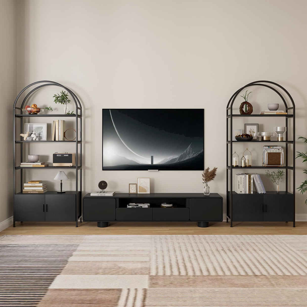 Jehiatek Arched Bookshelf, Bookcase with Doors Storage, 71 Inches Tall Industrial Book Shelf with Sturdy Metal Frame, E1 Quality Boards, Freestanding Display Shelving Unit, Black Jehiatek