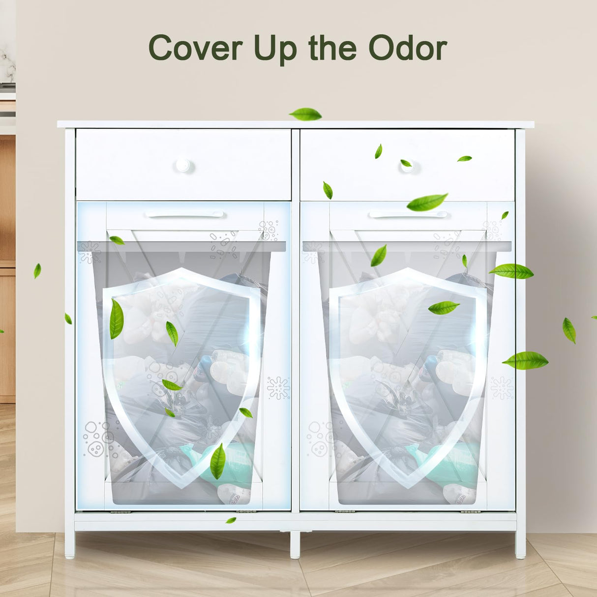 Clevich Double Tilt Out Trash Cabinet 20 Gal, Kitchen Wooden Recycling Cabinet, Hidden Trash Can Holder w/Drawers & Tabletop, Dog-Proof Trash Bin Cabinet, Trash Bins NOT Included(White) Clevich