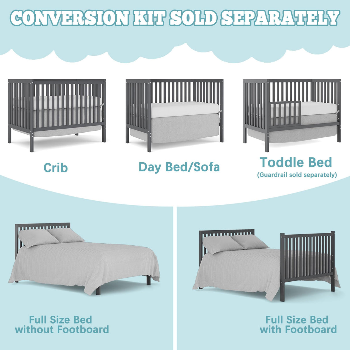 Saylike Baby Crib 5-in-1 Convertible, Wood Full Size Toddler Bed for Small Baby, Made of Sustainable Natural Pinewood Cribs, Non-Toxic Finish, Simplistic Nursery Furniture (Storm Gray) Saylike