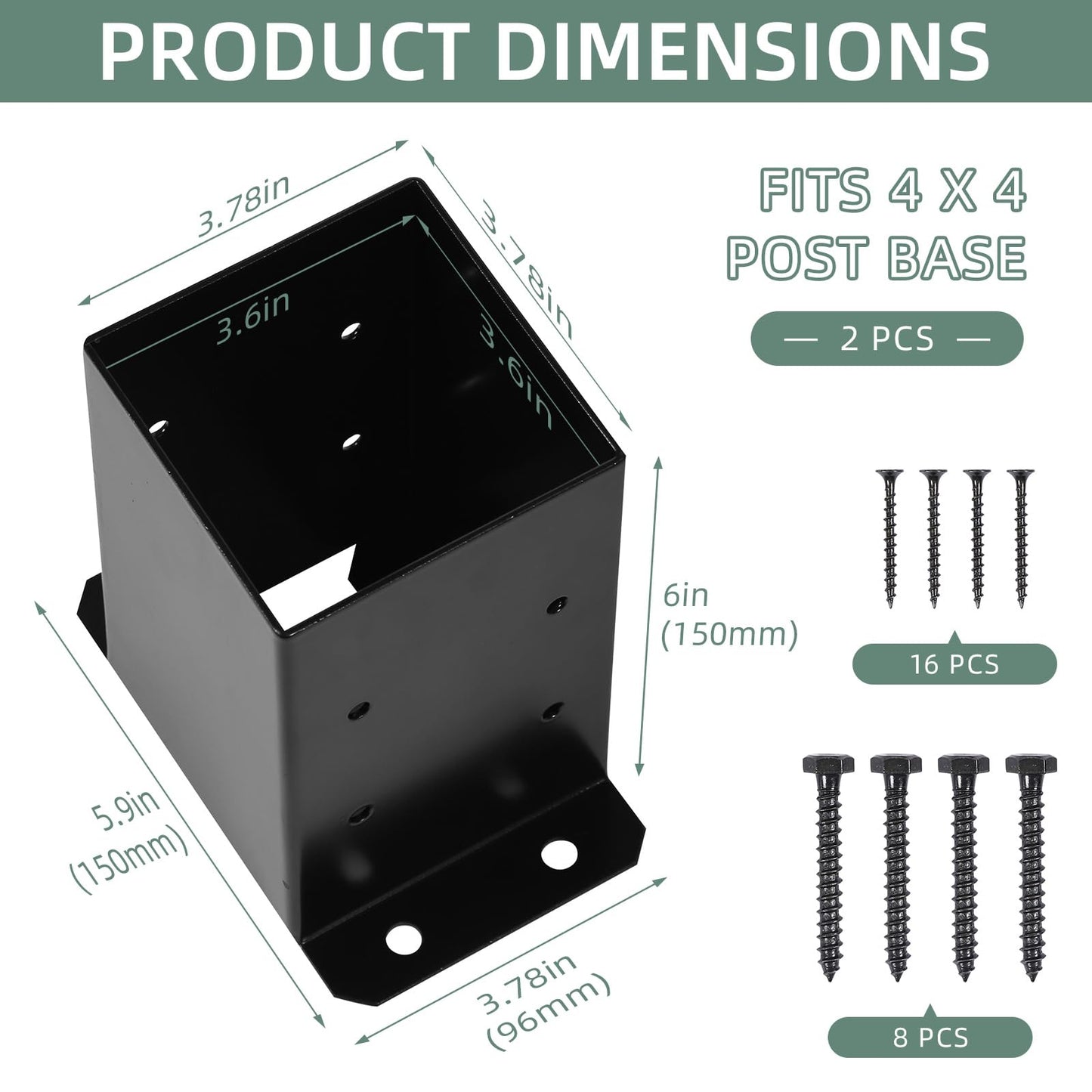 Cskunxia 4x4 Post Base 2Pcs Wood Fence Post Bracket Anchor Base Brackets Deck Post Base for Pergola Railing Mailbox Deck (Inner Size 3.6x3.6) - WoodArtSupply