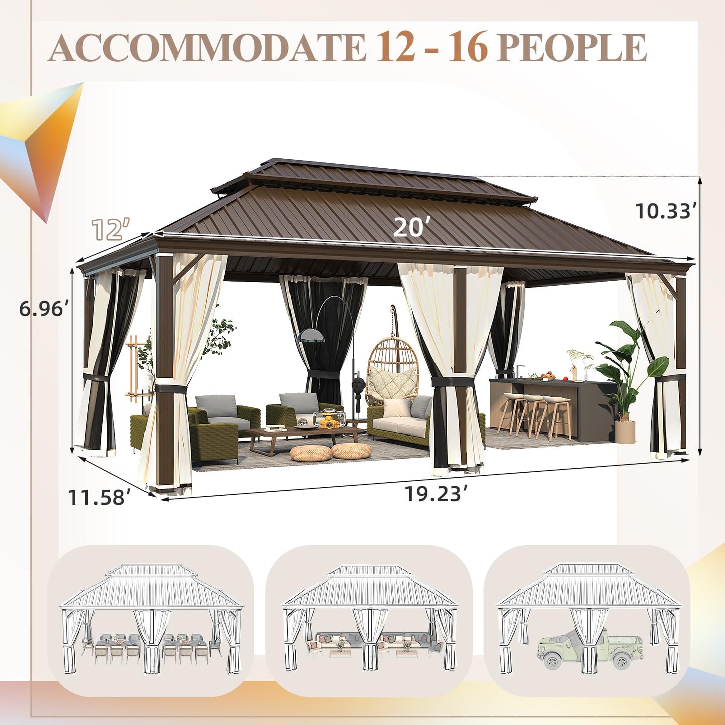 YOLENY 12' x 20' Gazebo, Galvanized Steel Double Roof Hardtop Gazebo with Aluminum Frame, Permanent Outdoor Metal Pavilion with Curtain and Netting for Patio, Lawn and Garden - WoodArtSupply