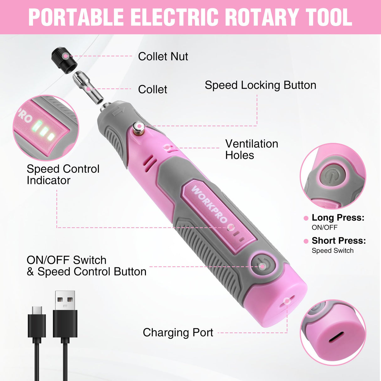 WORKPRO Cordless Rotary Tool Kit with 71pcs Accessories, 3 Variable Speeds, USB Rechargeable Mini Rotary Tool for Engraving, Sanding, Polishing, Carving, Cutting, DIY Crafts - Pink Ribbon WORKPRO