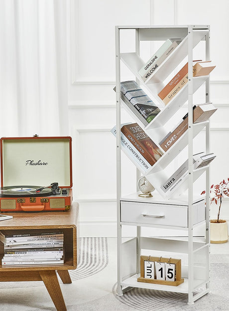 ZEXVIDA Bookshelf with Drawer,10 Tier Tree Bookcase Retro Floor Standing Bookshelves,Tall Wood Bookcases with Cabinet Storage Organizer for Living Room, Bedroom & Home Office, White ZEXVIDA