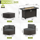 Crownland 8-Piece Outdoor Patio Furniture Sets with 45” Propane Gas Fire Pit Table, All-Weather Black Wicker Rattan Sectional Sofa with Coffee Table(Grey) Crownland