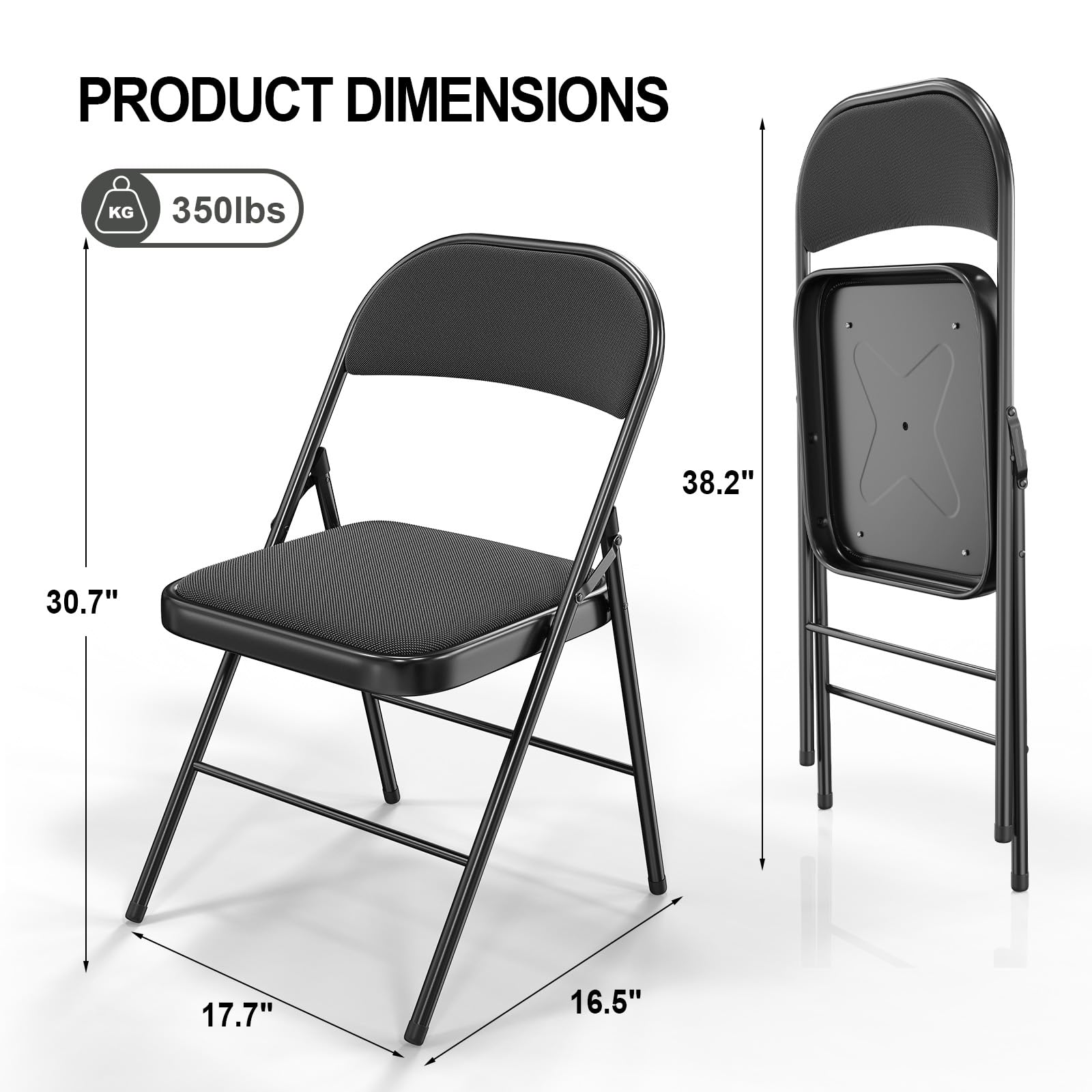 VINGLI Folding Chairs with Padded Seats, Metal Frame with Fabric Seat & Back, Capacity 350 lbs, Black, Set of 6 - WoodArtSupply