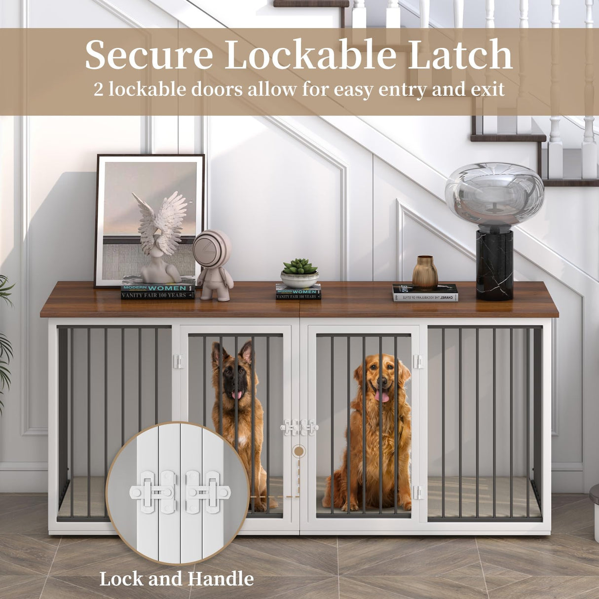 Large Dog Crate Furniture for 2 Dogs, 71.6" Pro XXL Heavy Duty Dog Kennel Furniture with Divider, Steel Frame Indoor Double Dog Crate for Large Medium Small Dogs, Warm White Neoriver