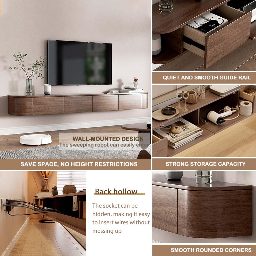 Ribanedy Solid Wood Modern Floating TV Stand with LED Lighting | Wall-Mounted Entertainment Console with Flip-Top Doors | TV Bench for Living Room & Office (Brown, 86.6'') Ribanedy
