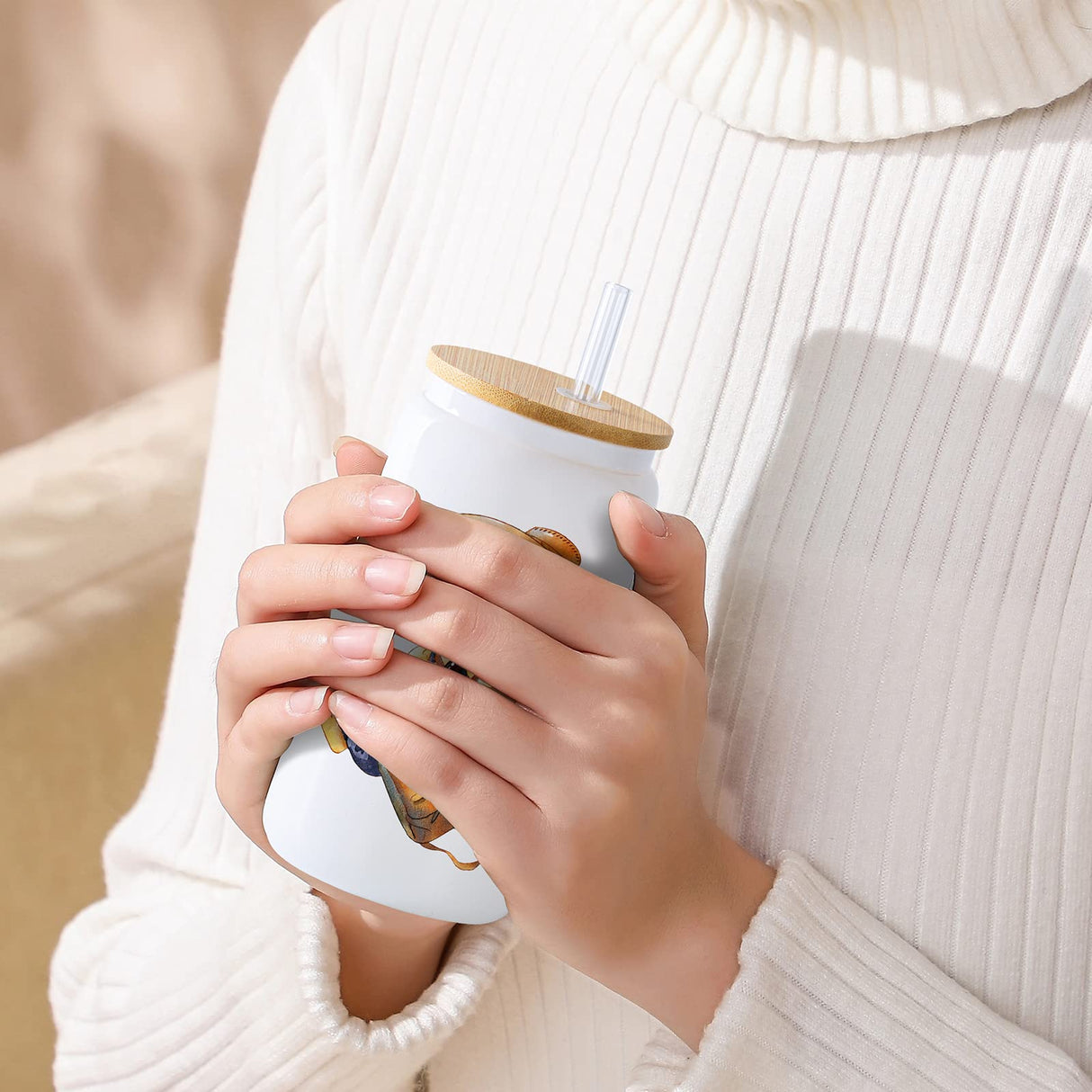 YOUKE OLA 20 Pack Sublimation Blank White Glass Cans Sublimation Beer Glass Cups with Bamboo Lids Borosilicate Glasses Tumbler Mason Jar Cups Mug with Glass Straw for Beer, Juice, Drinks 16oz White YOUKE OLA