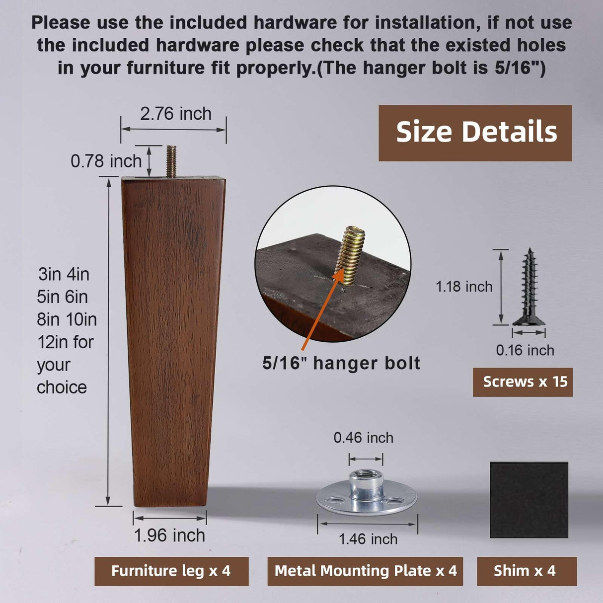 WEKIS Solid Wooden Furniture Legs 12 Inch, Natural Wood Mid Century Brown Square Legs Furniture Replacements Feet for Couch Legs, Sofa Legs, Cabinet Legs, Bench Legs, Bed Legs, Set of 4 WEKIS