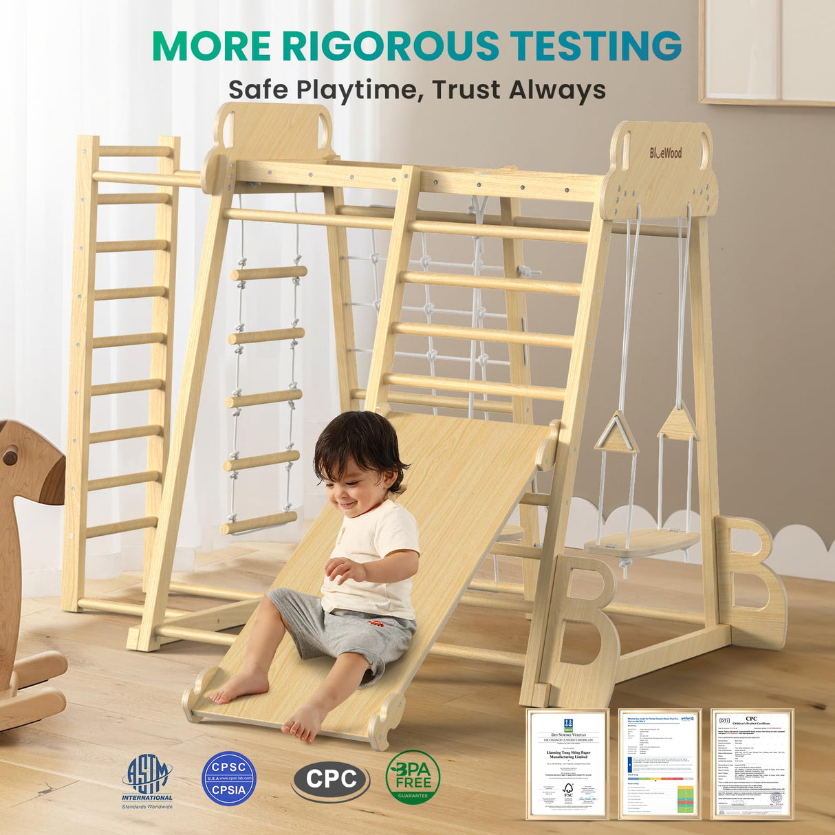 BlueWood Upgraded Indoor Playground 9-in-1 Jungle Gym Kids Climbing Toys, Waldorf Style Wooden Climber Playset with Slide, Swing, Monkey Bars, Upright/Rope Ladder, Climb Net, Natural Wood BlueWood