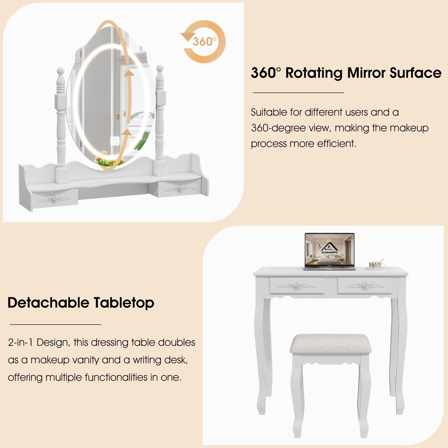 Vanity Desk with Mirror and Lights, Modern Vanity Makeup Table and Cushioned Stool Set with 4 Drawers, 3 Color Lighting Modes with Adjustable Brightness, Dressing Table Set for Bedroom (White - WoodArtSupply