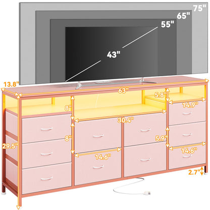 63.3 Inch Dresser for Bedroom, 10 Drawer Dresser TV Stand for 65 70 75 Inch TV, Fabric Chest of Drawers with LED Lights & Power Outlets, Long Entertainment Center for Closet, Living Room, Entryway