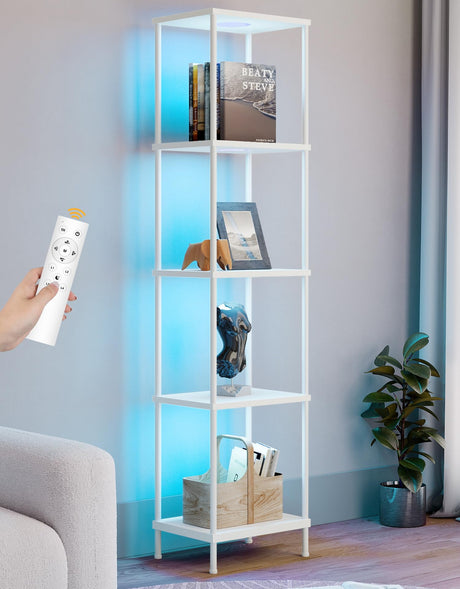Display Shelf with RGBCW Light, Color Changing Curio Cabinet Floor Lamp with Shelves Corner Standing Column Lamp Etagere Organizer Tower Nightstand Bookcase for Living Room Bedroom Office Décor White PARTPHONER