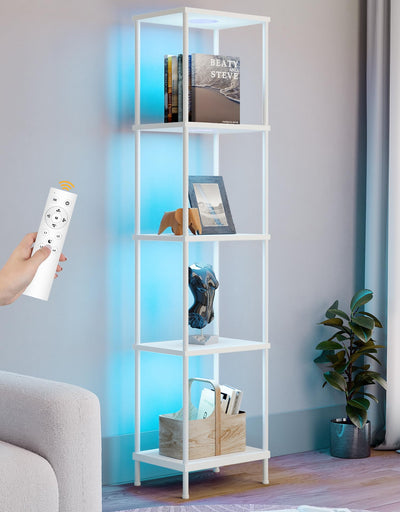 Display Shelf with RGBCW Light, Color Changing Curio Cabinet Floor Lamp with Shelves Corner Standing Column Lamp Etagere Organizer Tower Nightstand Bookcase for Living Room Bedroom Office Décor White