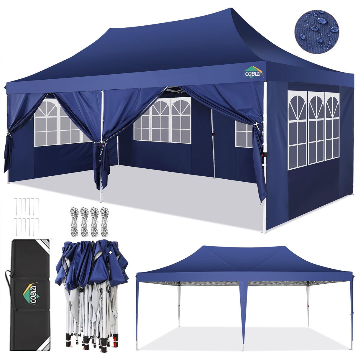 COBIZI 10x20 Pop Up Canopy with Sidewalls,Waterproof & UV50+,Tents for Parties,Outdoor Gazebo for Backyard,Suitable for Weddings, Events,and Markets,Vending (Dark Blue) COBIZI