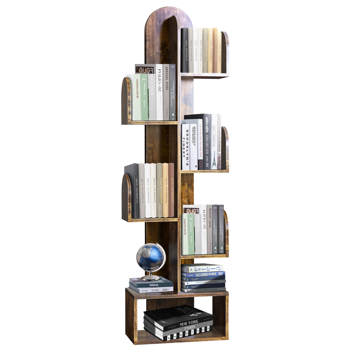 DOZILY Cactus Tree Bookshelf, 5-Tier Wood 50" Tall Corner Storage Rack for CDs/Movies/Books, Small Space-Saving Organizer Shelves for Living Room, Bedroom, Home Office (Rustic Brown) DOZILY