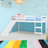 KOTEK Twin Loft Bed with Slide, Kids Low Loft Bed with Ladder & Slide, Wooden Single Bed Loft Bed w/Slats & Safety Guard Rail for Children (White) KOTEK