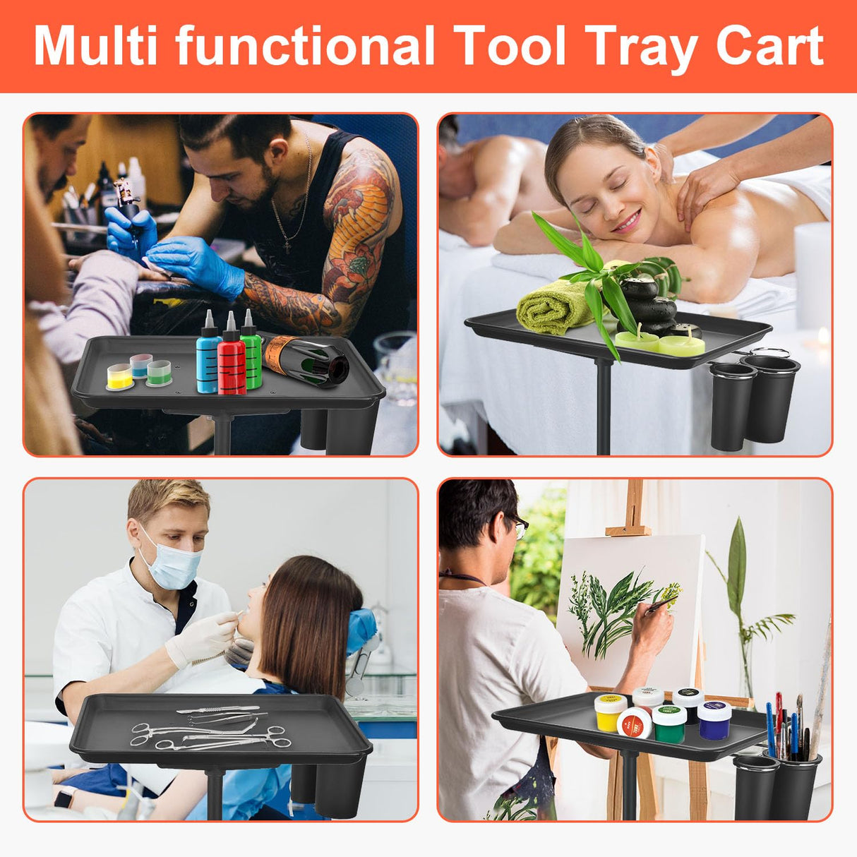 Salon Tray Cart, Metal Tattoo Tray with Tool Holder, Service Rolling Tray Adjustable Height, Storage Tray Trolley for Salon Spa Dental Use, Rolling Tray Cart LWADALN
