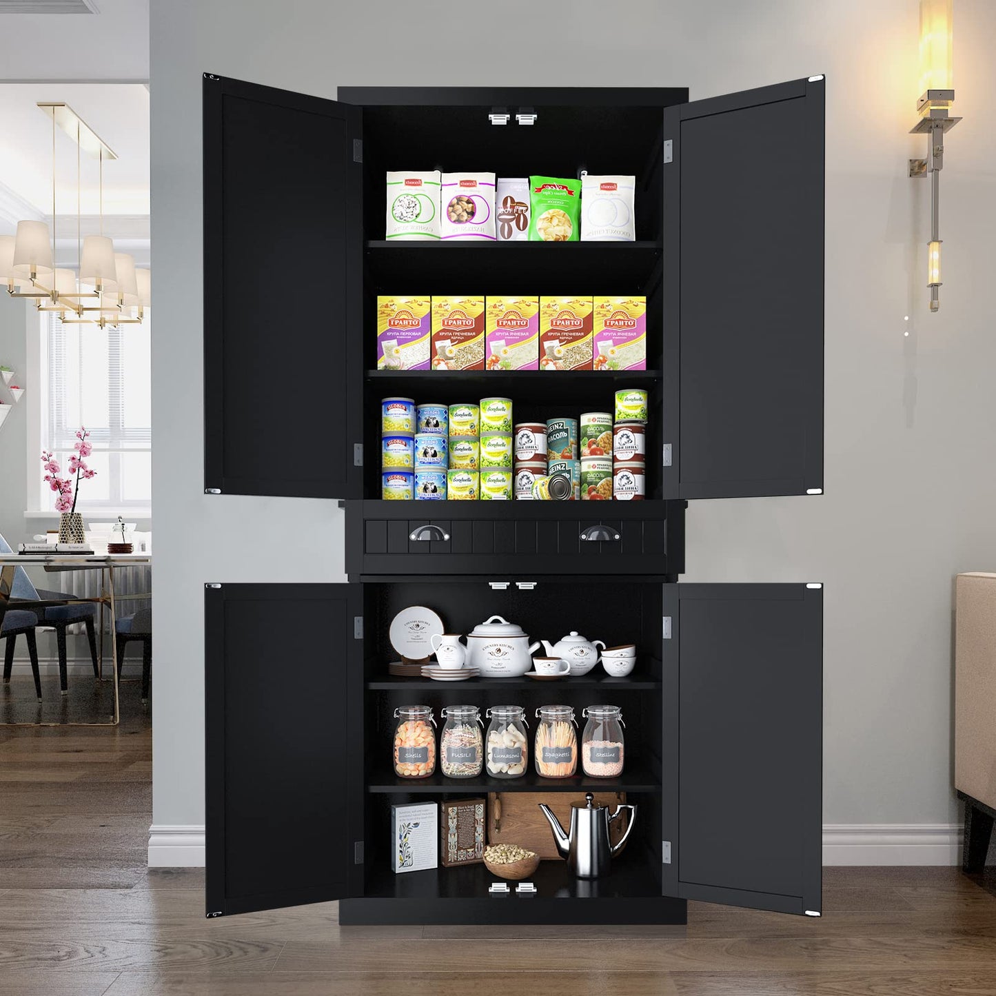 ARTPOWER Kitchen Pantry Storage Cabinet with Drawer and Adjustable Shelves, Pantry Cabinet for Kitchen, Bathroom or Hallway, Black
