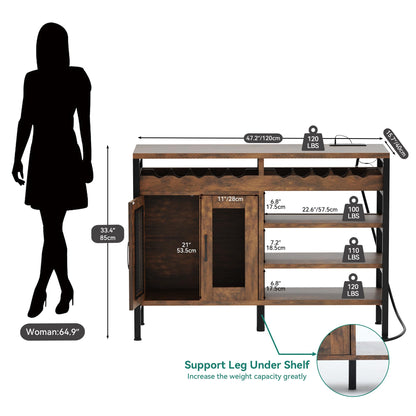 YITAHOME Bar Cabinets with LED Lights & Power Outlets, 47" Industrial Wine Cabinets for Liquor and Glasses, Home Bar Kitchen Buffets for Living Room, Dining Room, Kitchen (Rustic Brown) - WoodArtSupply