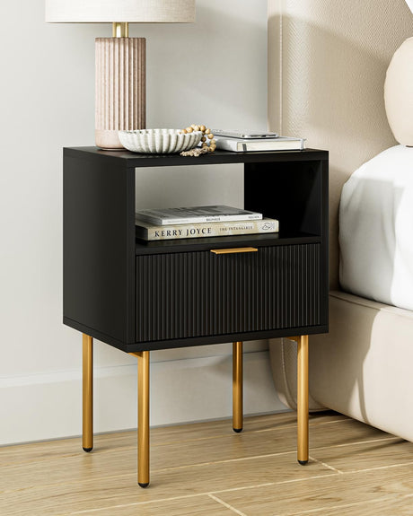 AEPOALUA Nightstand,Small Bedside Table with Gold Frame,Black Night Stand,Bedside Furniture,End Table,Side Table with Drawer and Shelf for Bedroom,Living Room (Modern-Stripe, Black) AEPOALUA