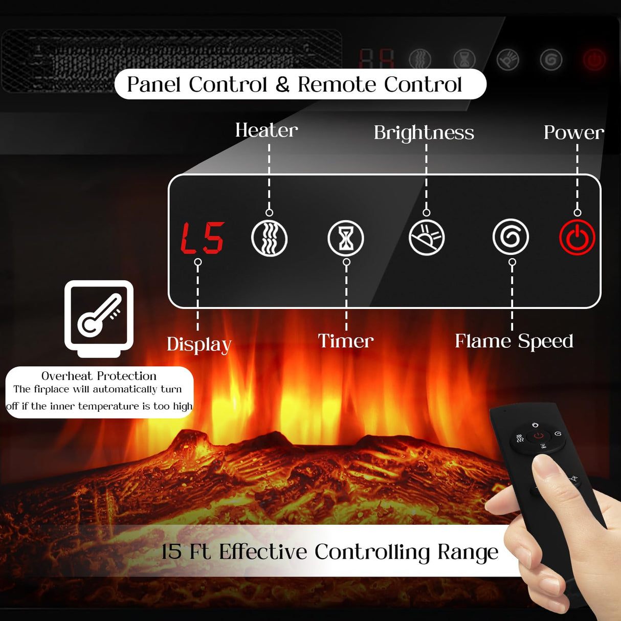 VITESSE 58 Inches Fireplace TV Stand for TVs up to 65 Inches Console with 18'' Electric Fireplace & Remote,Wooden Modern Entertainment Center for Living Room with LED Light Glass Shelves（Gray） VITESSE